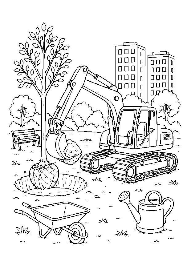 Bagger pflanzt einen Parkbaum: Ein Kettenbagger setzt einen jungen Baum neben Pflanzloch, Schubkarre und Gießkanne ein.