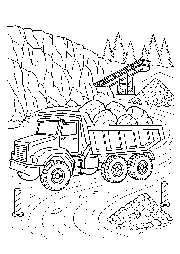 Muldenkipper im Steinbruch: Ein großer Muldenkipper transportiert Felsbrocken über eine Kurve zwischen Felswand und Förderband.