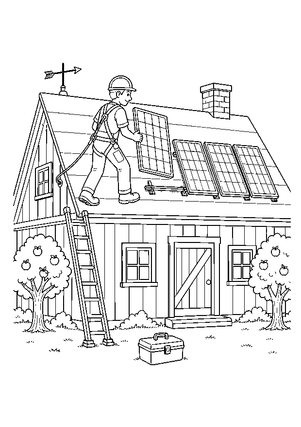 Solarmodul für das Bauernhaus: Ein gesicherter Dachdecker trägt das vierte Solarmodul zu drei montierten Paneelen auf dem Hausdach.