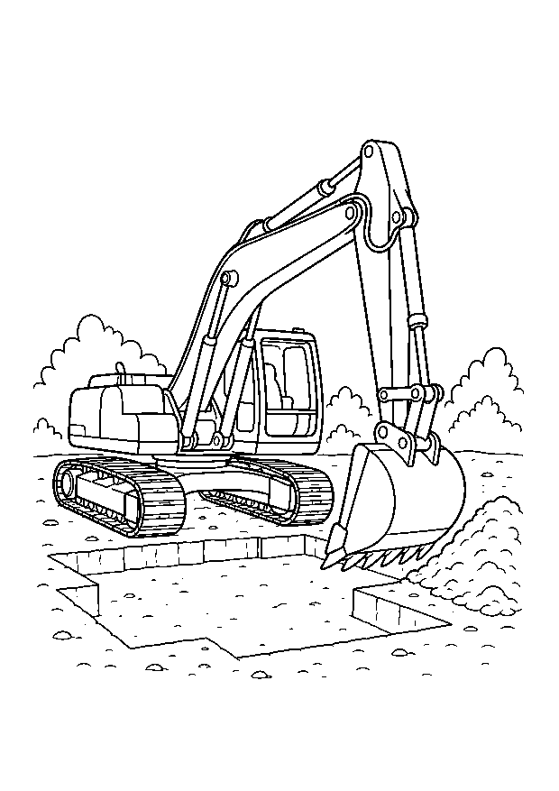 Bagger gräbt ein Fundament: Ein großer Kettenbagger hebt Erde aus einem neuen Hausfundament.