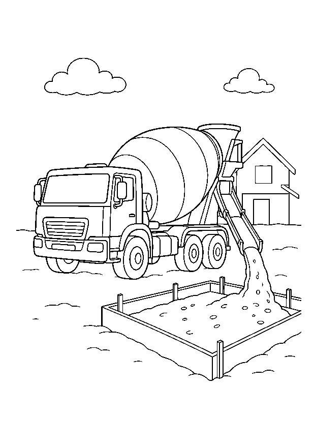 Betonmischer gießt das Fundament: Ein Betonmischer füllt über seine Rutsche eine rechteckige Fundamentform.