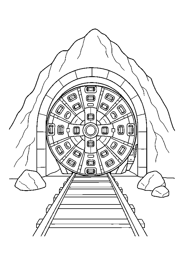 Tunnelbohrer im Berg: Der runde Schneidkopf einer Tunnelbohrmaschine erscheint im Bergportal.