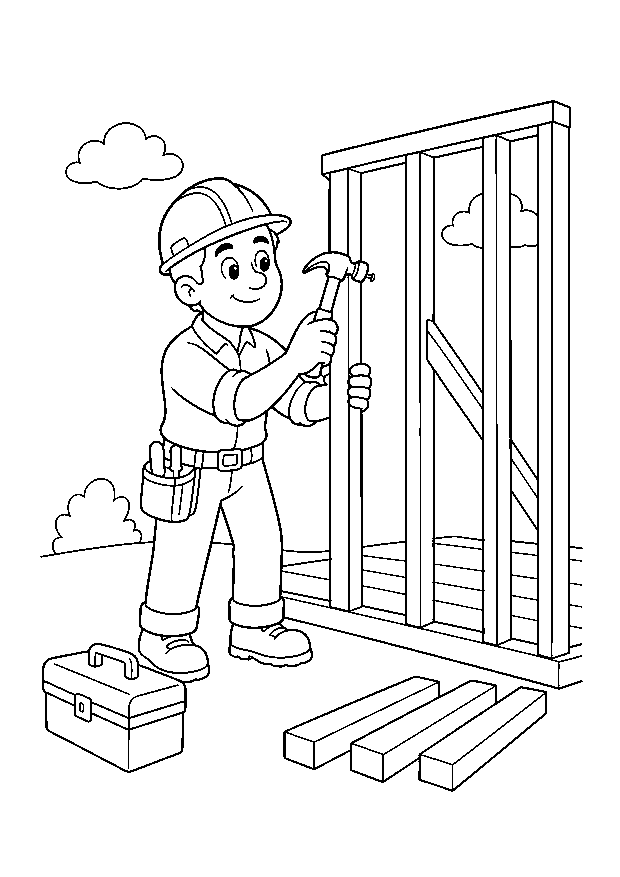 Zimmermann baut eine Holzwand: Ein Zimmermann hämmert eine Holzwand für ein neues Haus zusammen.