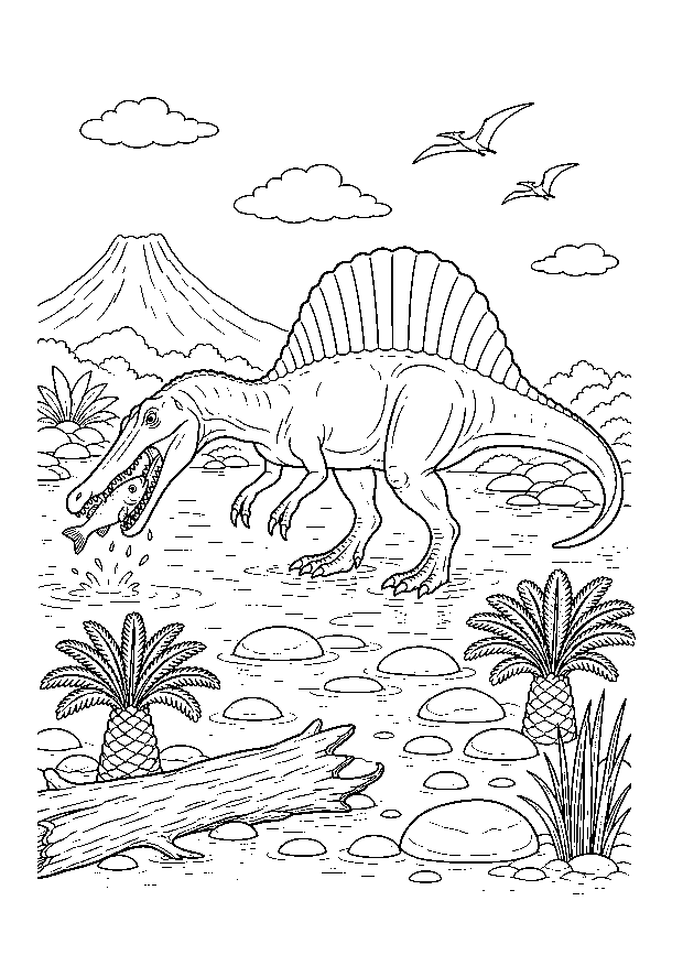 Spinosaurus auf Fischfang: Ein Spinosaurus fängt einen Fisch in einer flachen Lagune zwischen Baumstämmen, Farnen und Vulkan.
