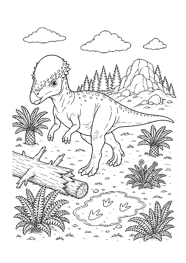 Pachycephalosaurus an der Fährte: Ein Pachycephalosaurus untersucht Fußspuren neben einem umgestürzten Stamm und urzeitlichen Pflanzen.