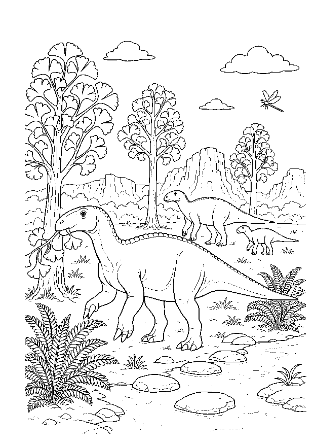 Parasaurolophus am Bach: Ein Parasaurolophus frisst Blätter am Bach, während weitere Tiere durch die Landschaft ziehen.