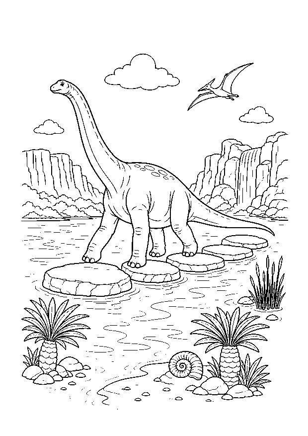 Brachiosaurus über den Trittsteinen: Ein Brachiosaurus überquert einen breiten Fluss auf Felsplatten zwischen Pflanzen und Schluchten.
