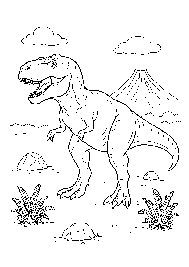 Tyrannosaurus im Urwald: Ein Tyrannosaurus rex läuft mit geöffnetem Maul durch eine weite Lichtung.