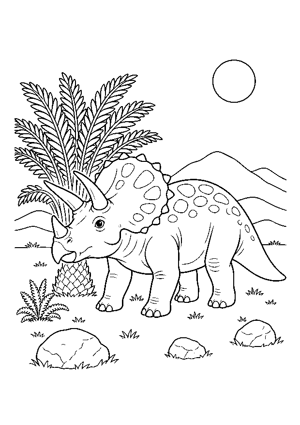 Triceratops bei der Palmfarne: Ein kräftiger Triceratops steht neben einer großen Palmfarne in der Ebene.