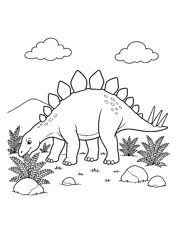 Stegosaurus frisst Farne: Ein Stegosaurus mit großen Rückenplatten frisst Farne zwischen einigen Felsen.