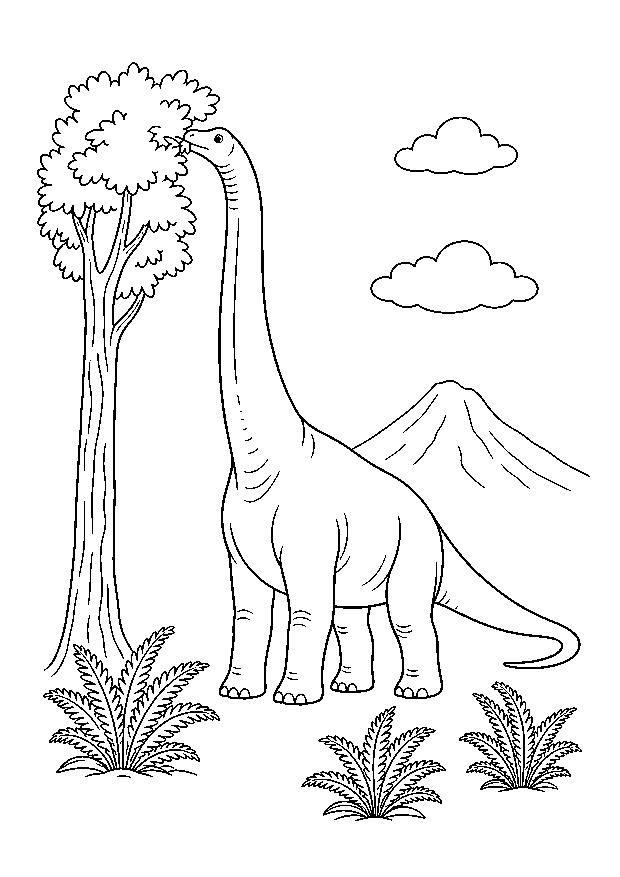 Brachiosaurus am Baum: Ein hochgewachsener Brachiosaurus streckt seinen langen Hals zu den Blättern.