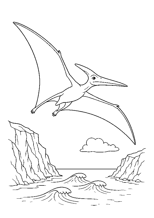 Pteranodon über der Küste: Ein Pteranodon gleitet mit weit gespannten Flügeln über Klippen und Wellen.