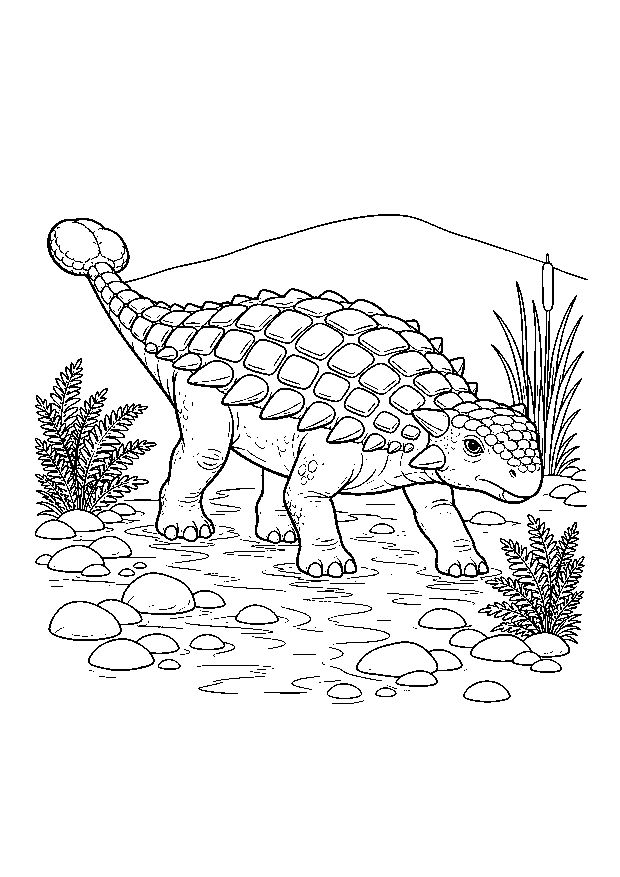 Ankylosaurus am Bach: Ein gepanzerter Ankylosaurus überquert einen flachen Bach zwischen Steinen.