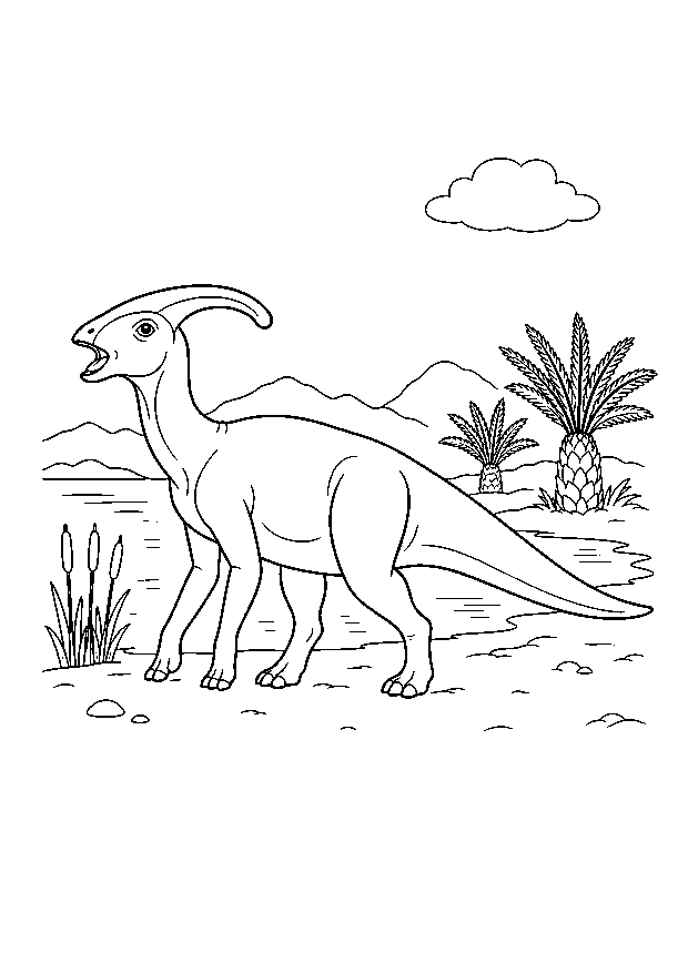 Parasaurolophus am See: Ein Parasaurolophus mit langem Kopfkamm läuft am ruhigen Seeufer.
