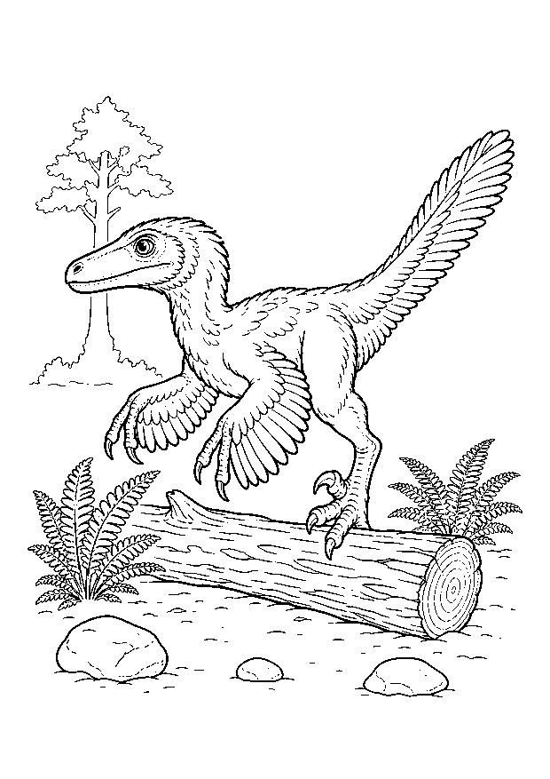 Gefiederter Velociraptor: Ein gefiederter Velociraptor steigt aufmerksam über einen umgestürzten Baumstamm.
