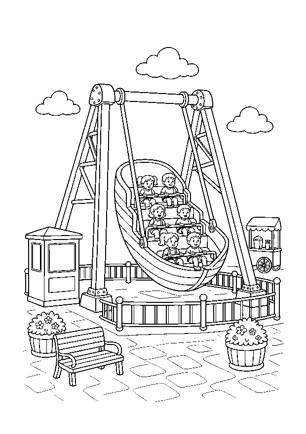 Piratenschiff-Schaukel: Ein großes Piratenschiff schwingt mit mehreren Fahrgästen zwischen Kassenhäuschen, Geländer, Popcornstand und Blumen.