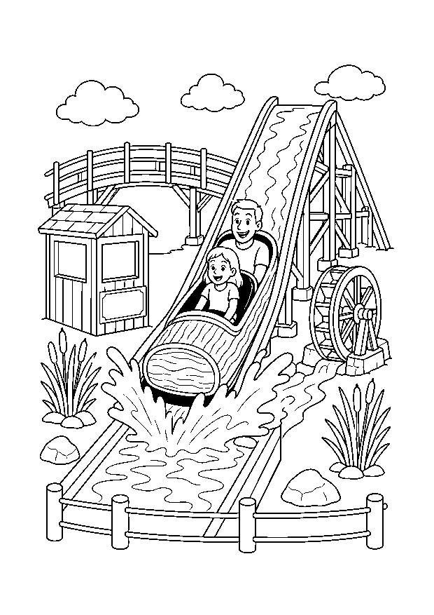 Wildwasserbahn mit großem Spritzer: Zwei Fahrgäste sausen im Baumstammboot die Rinne hinab zwischen Brücke, Wasserrad, Schilf und Kassenhaus.