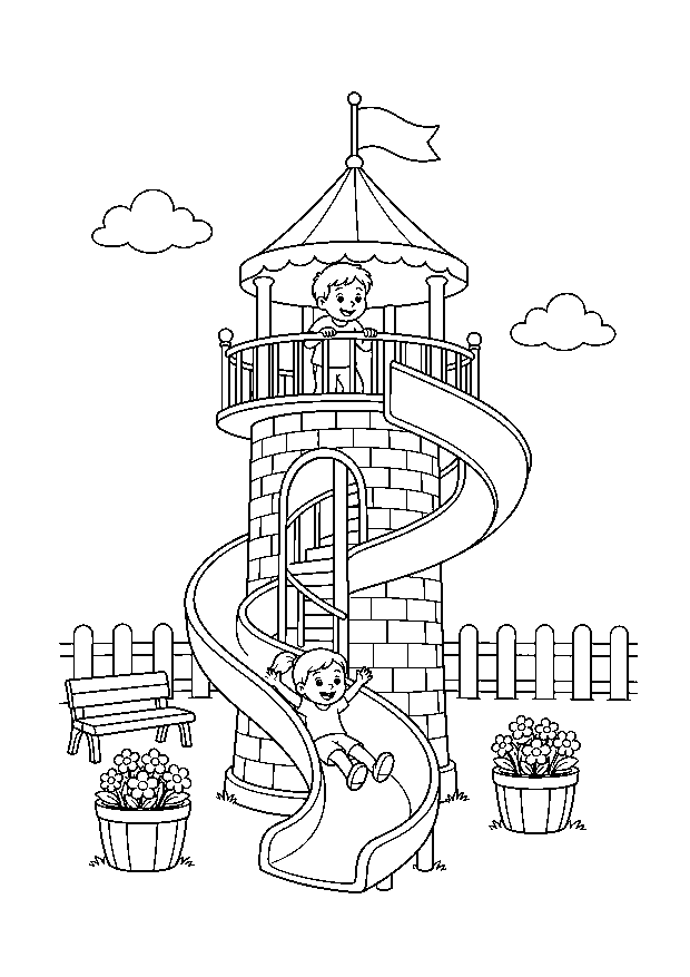 Spiralrutsche am Aussichtsturm: Kinder nutzen eine breite Spiralrutsche an einem kleinen Turm zwischen Fahne, Bank, Zaun und Blumenkübeln.