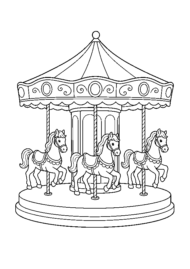 Karussell auf der Kirmes Ausmalbild: Ein klassisches Karussell mit Pferden dreht sich auf dem Festplatz.