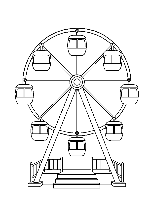 Großes Riesenrad Ausmalbild: Ein großes Riesenrad mit aufrechten Gondeln steht über dem Jahrmarkt.