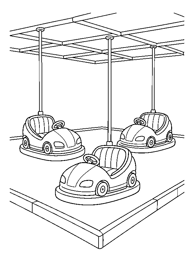 Autoscooter auf dem Rummel Ausmalbild: Drei verschiedene Autoscooter fahren unter dem Dach der Fahrbahn.