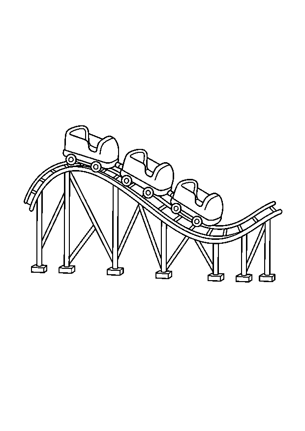 Achterbahn für Kinder Ausmalbild: Ein kleiner Achterbahnzug fährt über einen sanften Hügel.