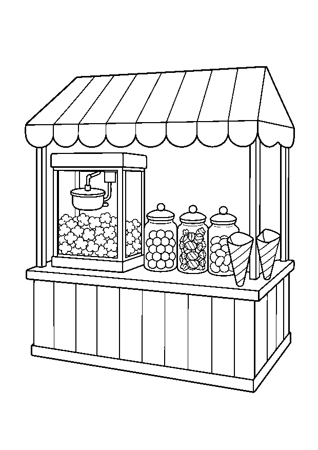Popcorn- und Süßwarenstand Ausmalbild: Ein fröhlicher Kirmesstand zeigt Popcorn und Süßigkeiten ohne Beschriftung.