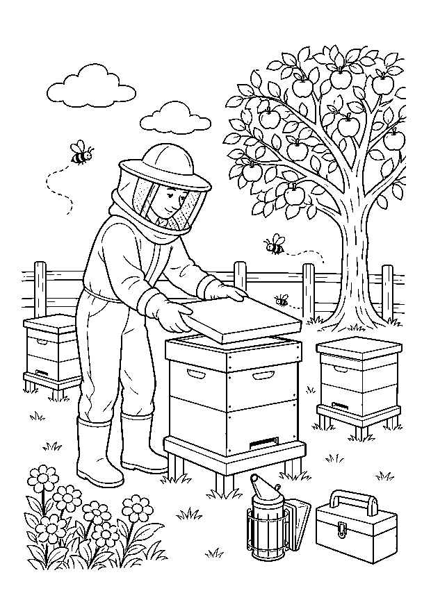Imkerin im Obstgarten: Eine Imkerin kontrolliert Bienenstöcke unter einem Apfelbaum mit Smoker und Werkzeugkiste.