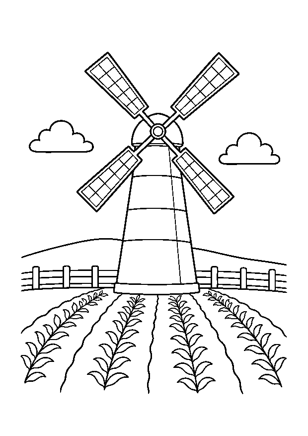 Windmühle über den Feldern: Eine vierflügelige Windmühle ragt über ordentlichen Pflanzenreihen auf.
