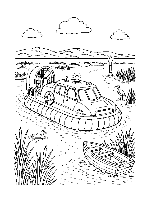 Seenotrettung im Schilf: Ein Rettungs-Luftkissenboot fährt zwischen Schilf, Boje, Wasservögeln und einem kleinen Ruderboot.
