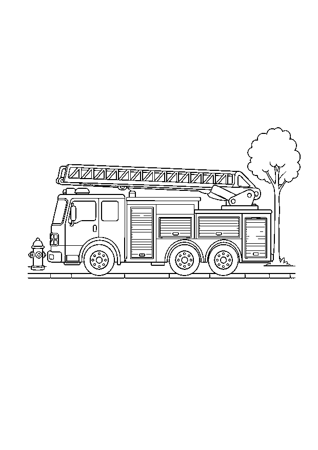 Feuerwehr-Drehleiter: Ein langer Leiterwagen steht mit gefalteter Drehleiter neben Hydrant und Baum.