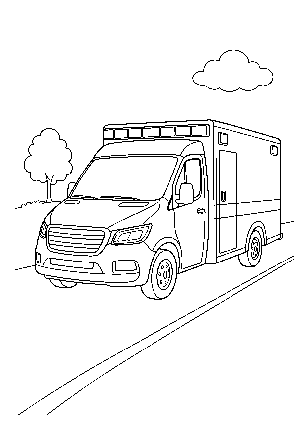 Krankenwagen auf der Straße: Ein moderner Krankenwagen fährt auf einer ruhigen Straße an Baum und Wolke vorbei.
