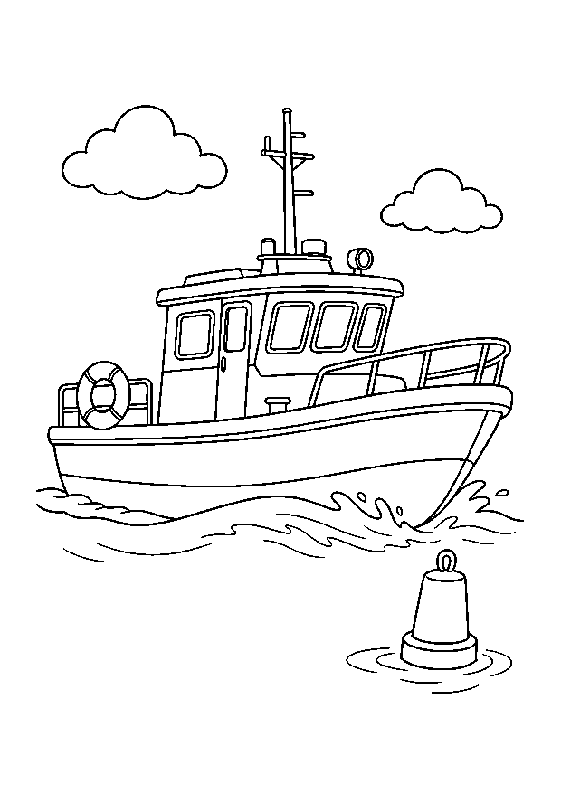 Rettungsboot auf dem Meer: Ein Küsten-Rettungsboot fährt über eine sanfte Welle an einer Boje vorbei.