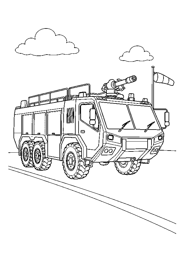 Flughafen-Feuerwehrfahrzeug: Ein großes Flughafen-Löschfahrzeug steht mit Wasserwerfer auf einer offenen Startbahn.
