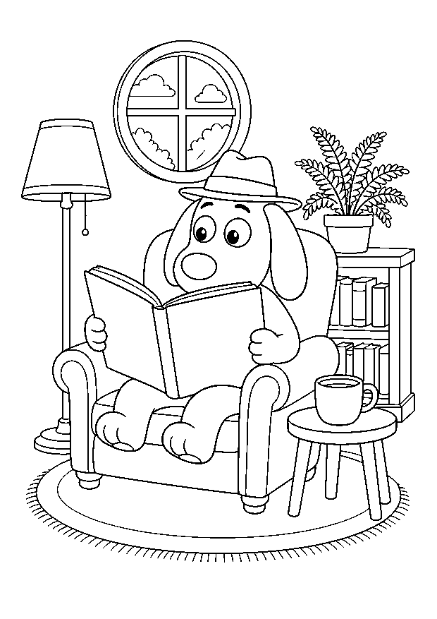 Herbert liest in der Kaffeebibliothek: Herbert liest mit einer Tasse Kaffee in einem gemütlichen Sessel zwischen Büchern und Pflanzen.