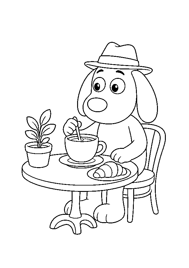 Herberts kleine Kaffeepause: Herbert rührt an einem kleinen Cafétisch in seiner Tasse.