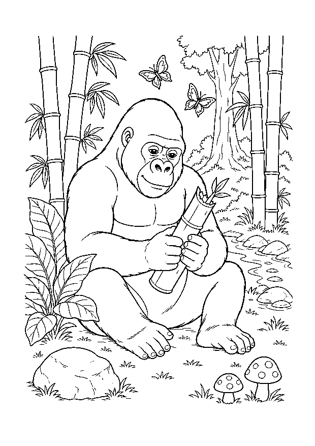 Gorilla mit Bambusspross: Ein ruhiger Gorilla sitzt mit einem Bambusspross zwischen Bambusstäben, Bachsteinen, Pilzen und Tropenpflanzen.