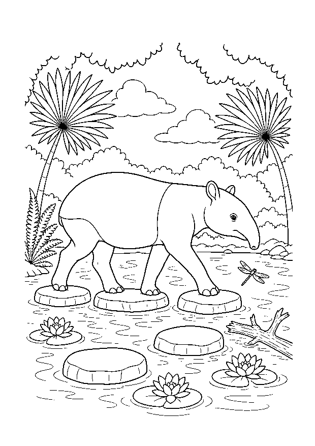 Tapir auf den Trittsteinen: Ein Tapir überquert einen flachen Dschungelteich auf runden Steinen zwischen Palmen, Farnen und Libelle.