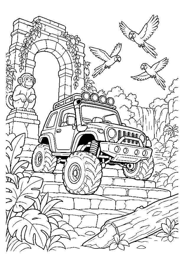 Dschungeltruck am alten Tempel: Ein Safari-Monstertruck fährt zwischen Lianen, Palmen und Tempelsteinen durch den Dschungel.