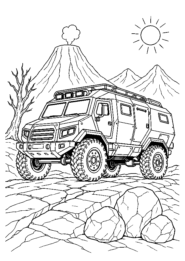 Vulkantruck auf dem Lavapfad: Ein gepanzerter Monstertruck rollt zwischen erkalteten Lavafelsen vor einem ruhenden Vulkan.