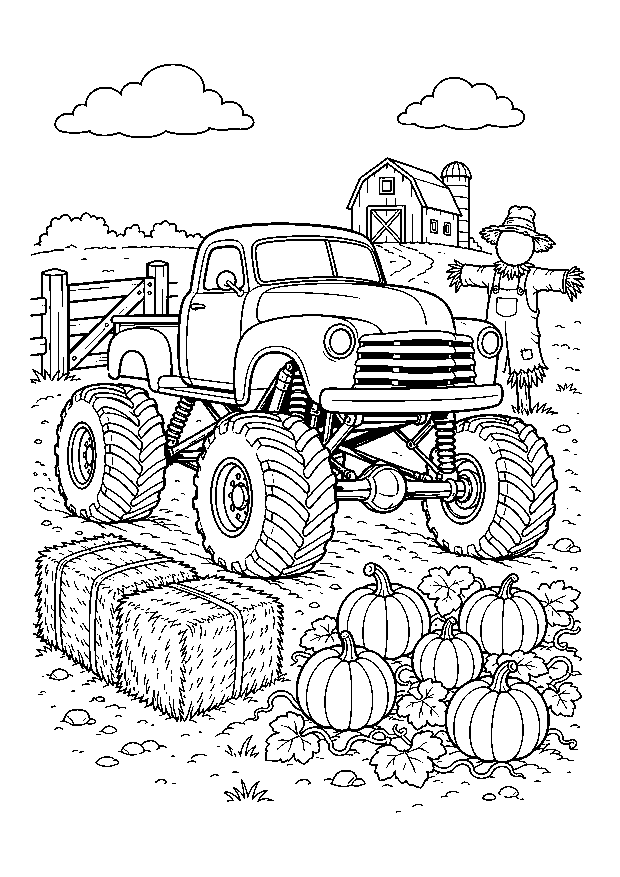 Monstertruck auf dem Kürbishof: Ein klassischer Pickup-Monstertruck fährt zwischen Kürbissen, Scheune und Heuballen über den Hof.
