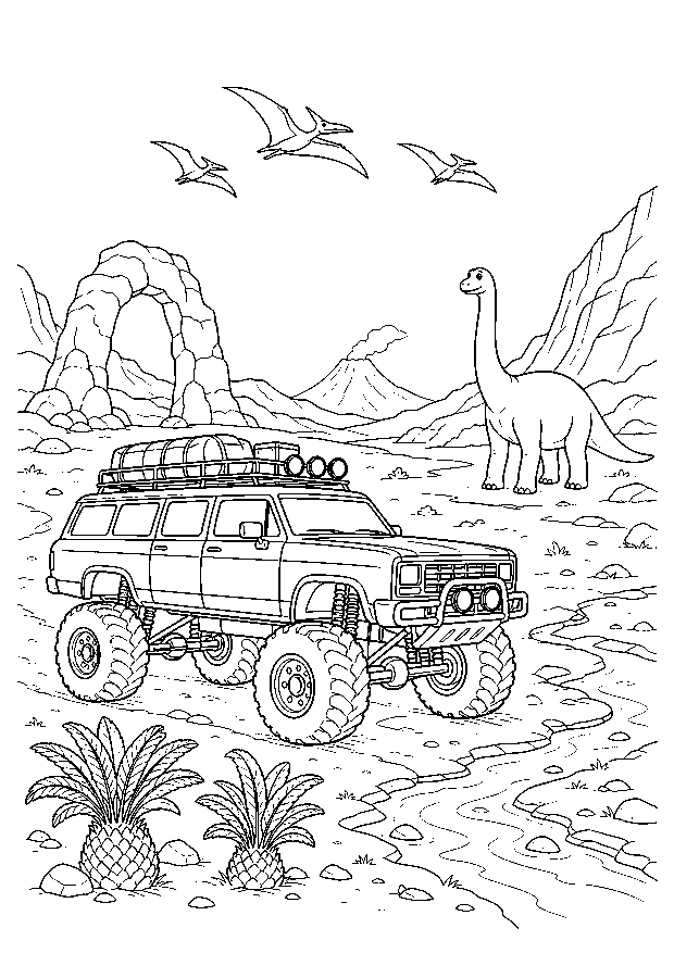 Expedition im Dinosauriertal: Ein Expeditions-Monstertruck folgt einer Felsroute zwischen Farnen, Fußspuren und Dinosauriern.