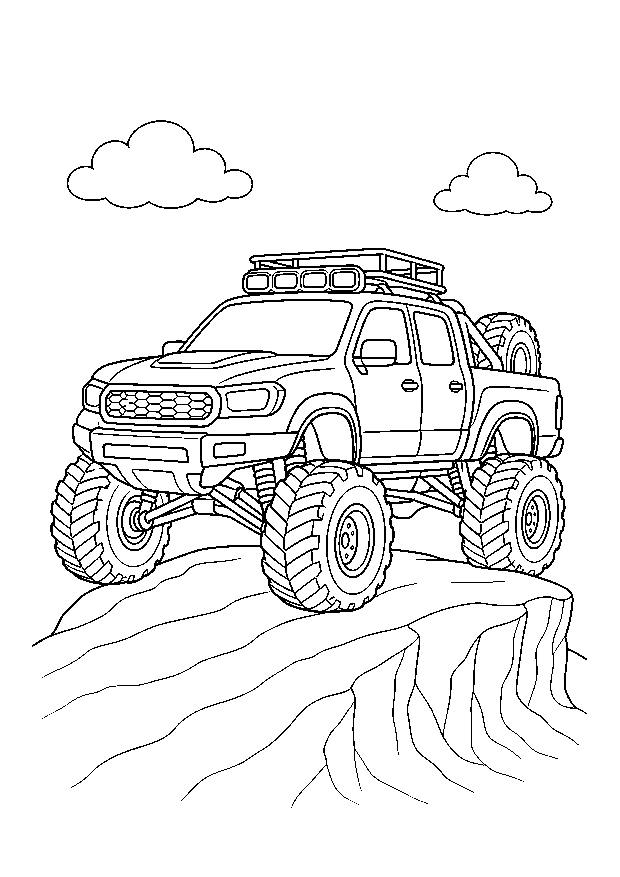 Monstertruck in der Arktis: Ein robuster Monstertruck erklimmt einen Eisrücken in einer klaren Arktis-Szene mit großen Ausmalflächen.