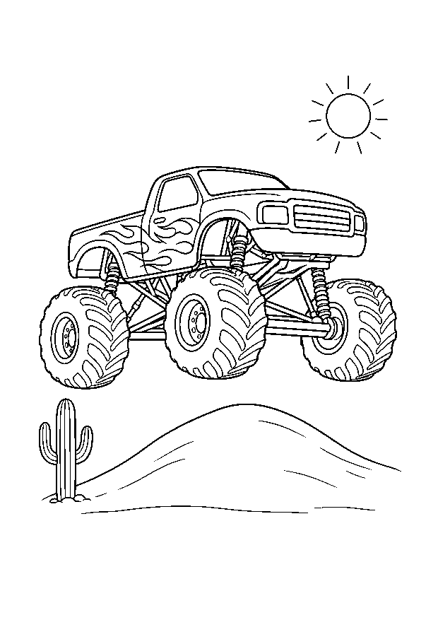 Monstertruck springt über eine Wüstendüne: Ein Wüsten-Monstertruck springt über eine niedrige Sanddüne neben einem Kaktus.
