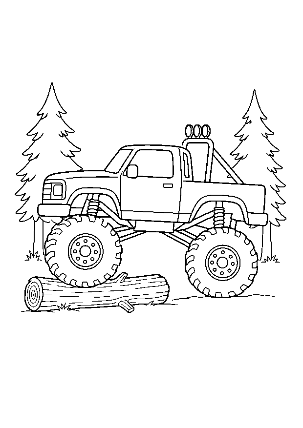 Monstertruck auf dem Waldweg: Ein kantiger Monstertruck fährt vorsichtig über einen Baumstamm zwischen zwei Tannen.