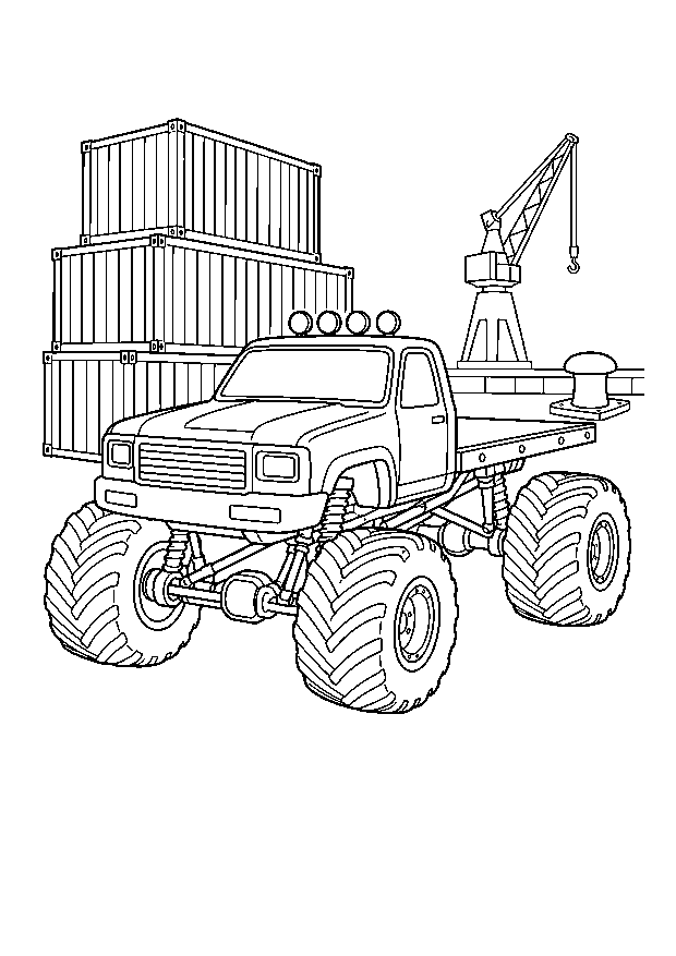 Monstertruck am Hafen: Ein Monstertruck mit Ladefläche rollt an Containern und einem Hafenkran vorbei.