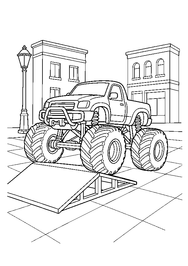 Monstertruck auf der Stadtrampe: Ein kompakter Monstertruck fährt auf einer ruhigen Stadtfläche über eine kleine Rampe.