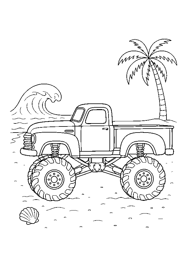 Monstertruck am Strand: Ein klassischer Pickup-Monstertruck fährt neben Welle, Muschel und Palme am Strand.