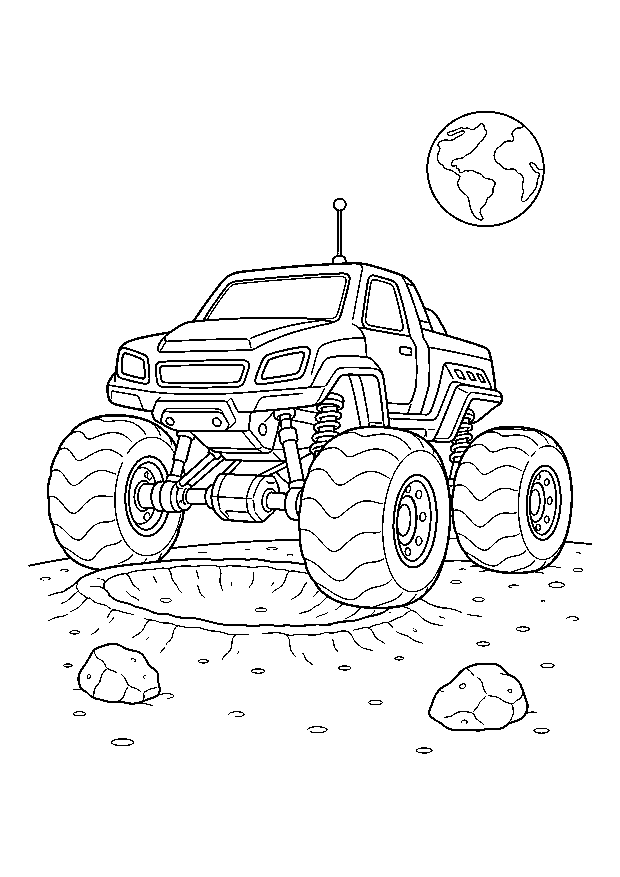 Monstertruck auf dem Mond: Ein Mond-Monstertruck fährt über einen kleinen Krater, während die Erde am Himmel steht.