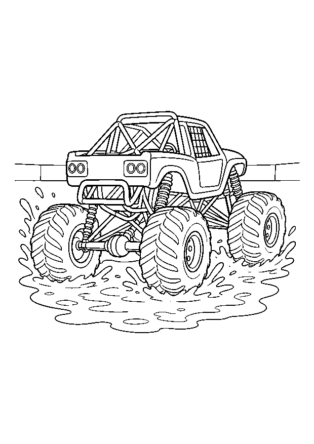 Monstertruck in der Schlamm-Arena: Ein Buggy-Monstertruck spritzt durch eine flache Pfütze in der Schlamm-Arena.
